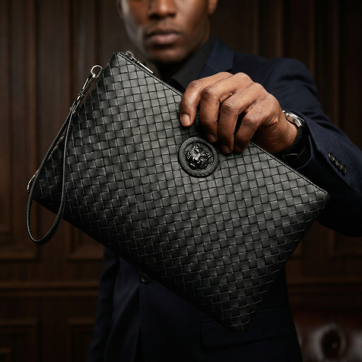 Pochette Homme en Cuir Tressé – Élégance Intemporelle