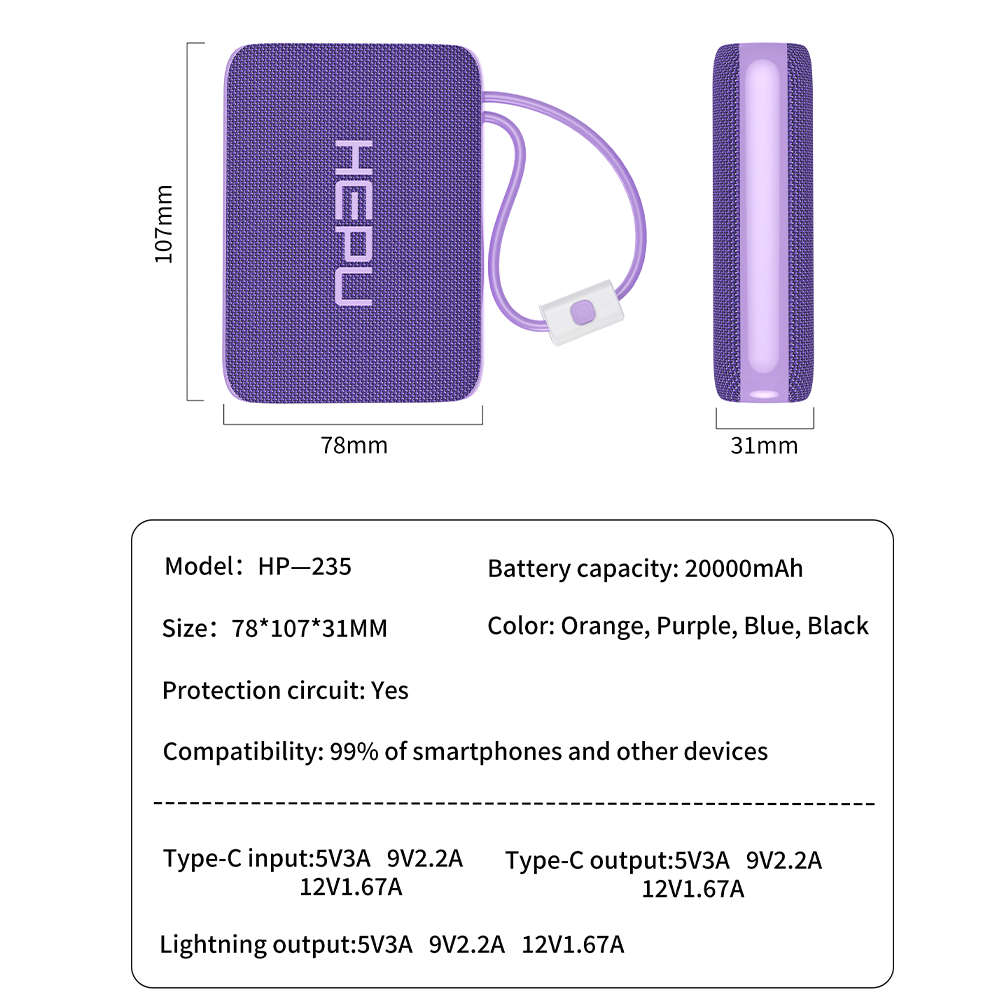 Power Bank HEPU™ – Charge Rapide 22.5W avec Câbles Intégrés